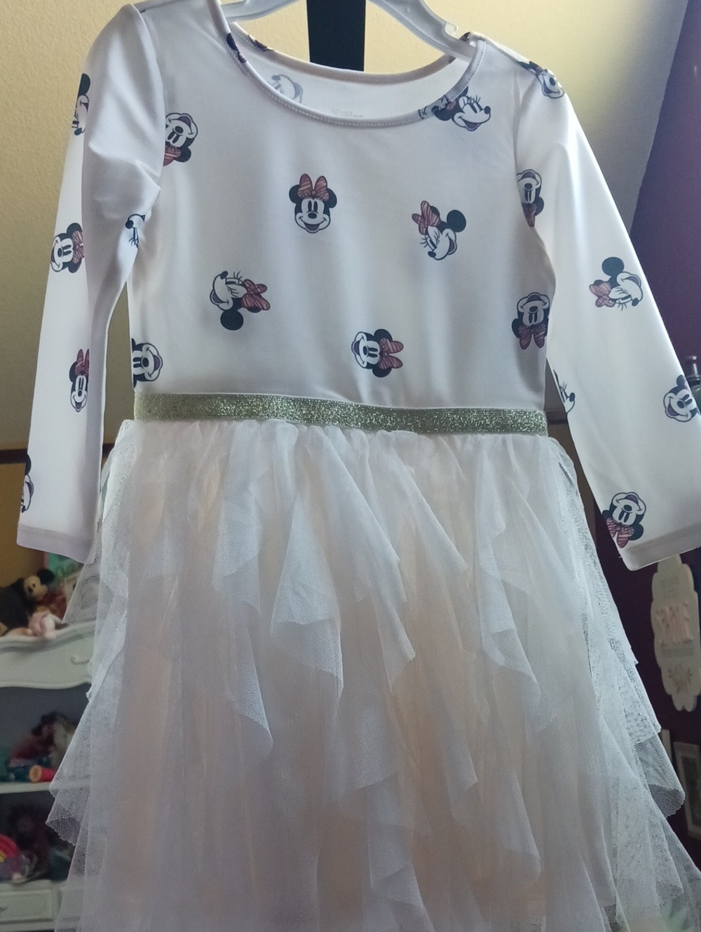 Disney White Dress with Pink Minnie Accents and Gold Waistband